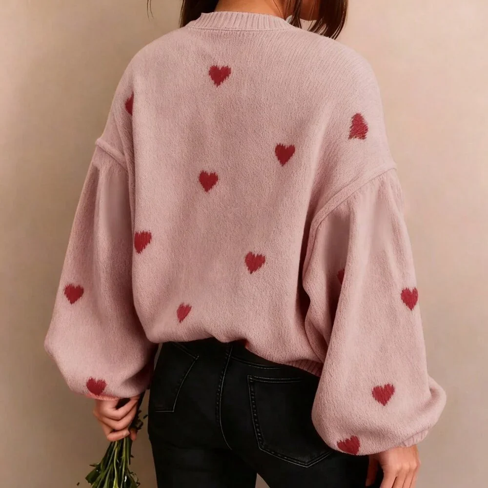 Dusty Pink Casual Women's Valentine Heart Loose-Fit Sweater